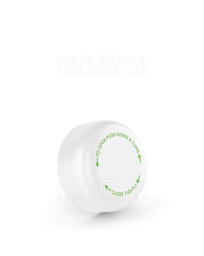 Child Resistant Smooth Push Down & Turn Plastic Caps w/ Text | 29mm - Semi Gloss White | Sample Image