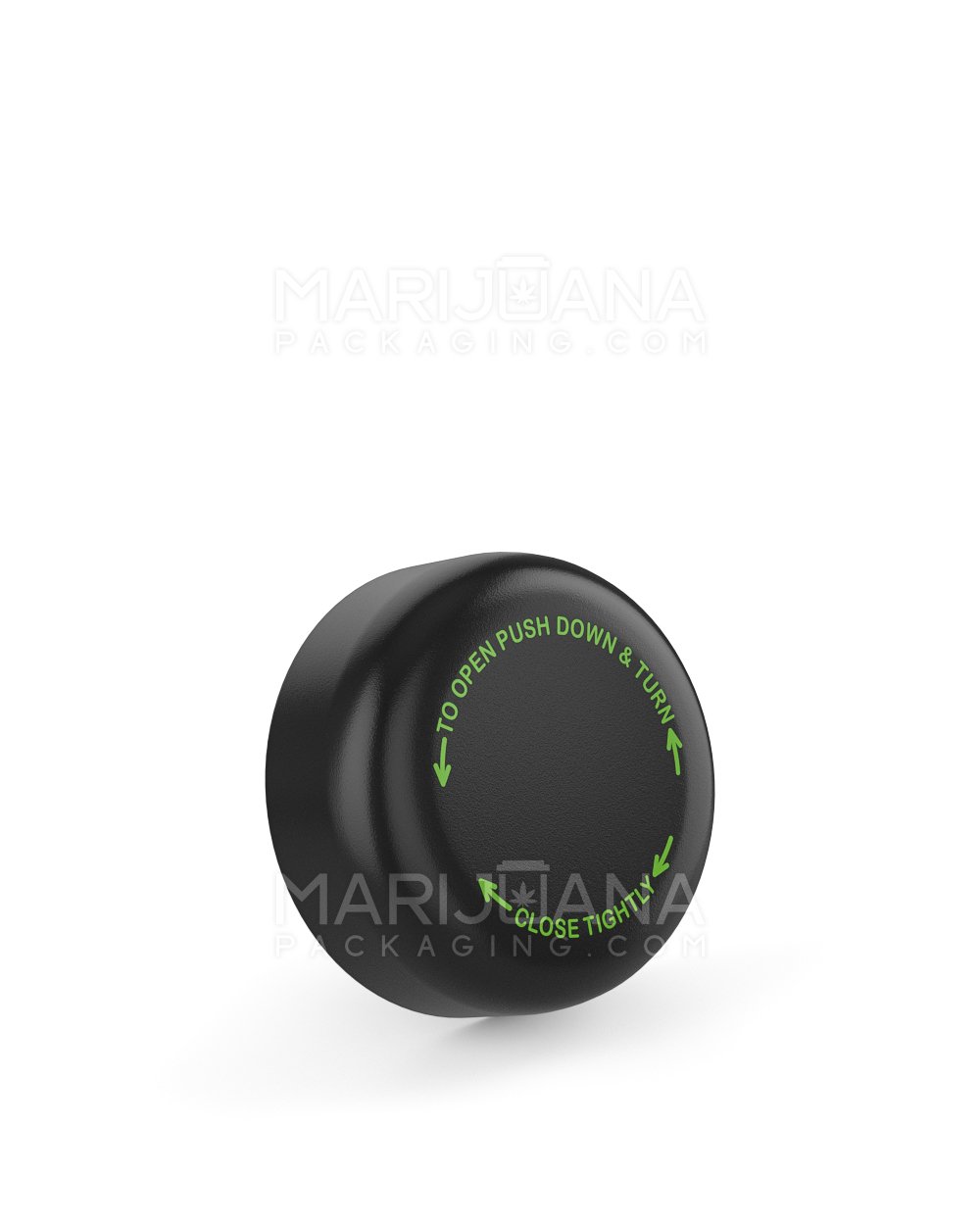 Child Resistant Smooth Push Down & Turn Plastic Caps w/ Text | 32mm - Semi Gloss Black | Sample - 1