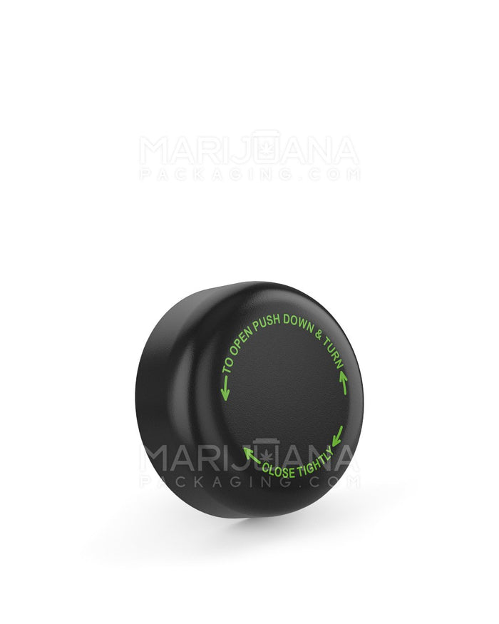 Child Resistant Smooth Push Down & Turn Plastic Caps w/ Text | 32mm - Semi Gloss Black | Sample Image