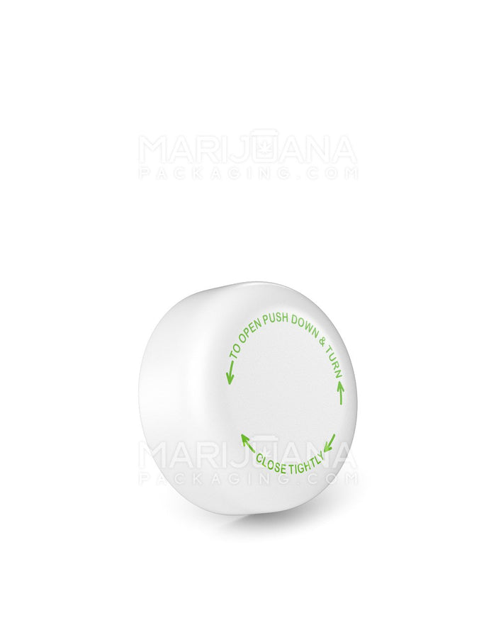 Child Resistant Smooth Push Down & Turn Plastic Caps w/ Text | 32mm - Semi Gloss White | Sample Image