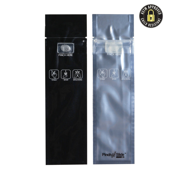 Child Resistant & Tamper Evident Pinch N Slide 2.0 Black Vista Mylar Bags | 2.4in x 7.2in - 2.5g | Sample Image