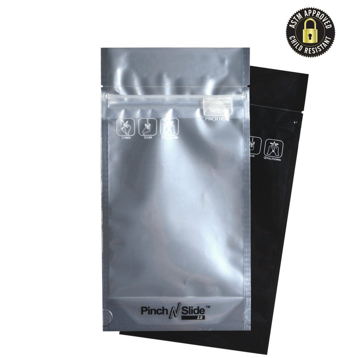 Child Resistant & Tamper Evident Pinch N Slide 2.0 Black Vista Mylar Bags | 5in x 8.5in - 14g | Sample Image