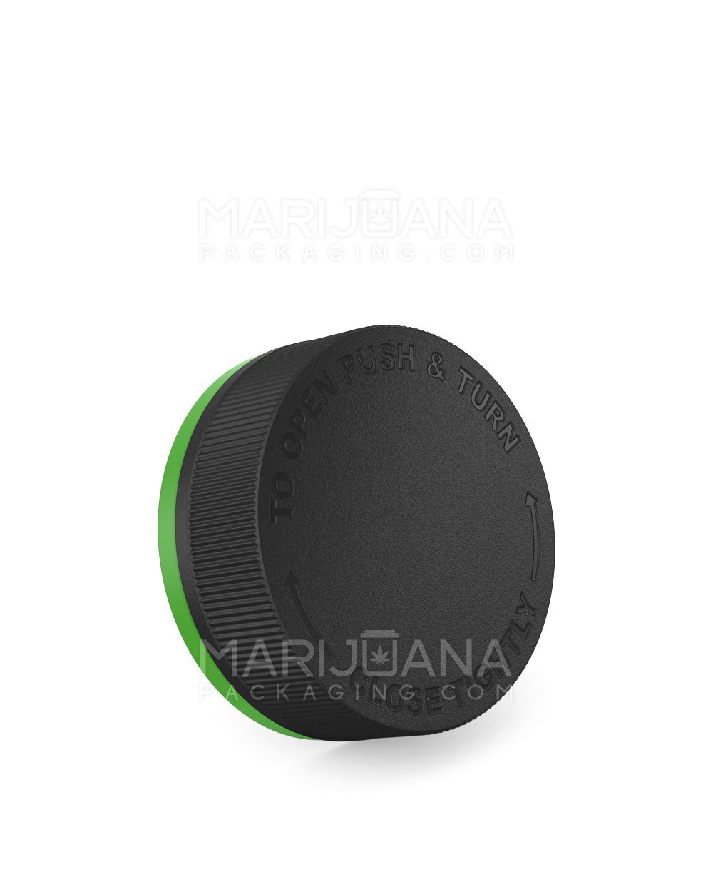 Child Resistant & Tamper Evident | Ribbed Push Down & Turn Plastic Caps w/ Foam Liner | 53mm - Semi Gloss Black & Green  - 1