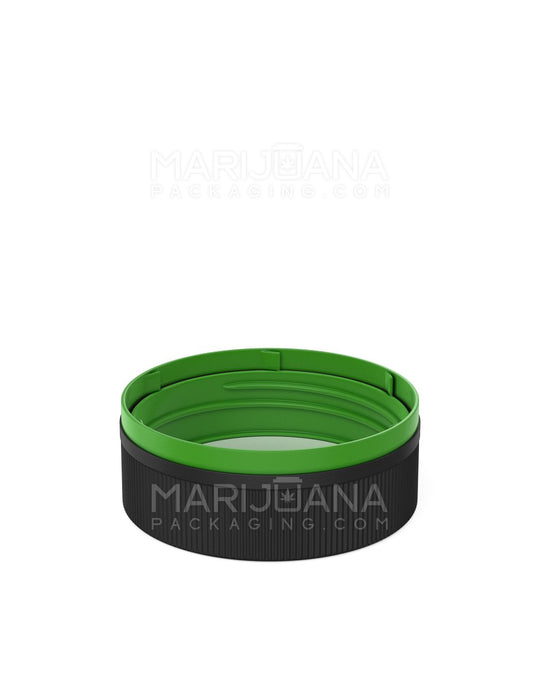 Child Resistant & Tamper Evident | Ribbed Push Down & Turn Plastic Caps w/ Foam Liner | 53mm - Semi Gloss Black & Green  - 4