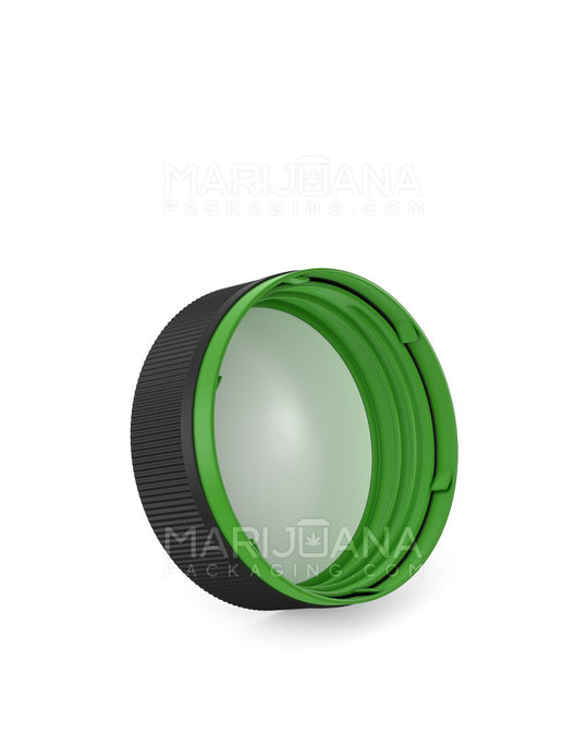 Child Resistant & Tamper Evident | Ribbed Push Down & Turn Plastic Caps w/ Foam Liner | 53mm - Semi Gloss Black & Green  - 2