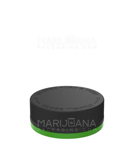 Child Resistant & Tamper Evident | Ribbed Push Down & Turn Plastic Caps w/ Foam Liner | 53mm - Semi Gloss Black & Green  - 3