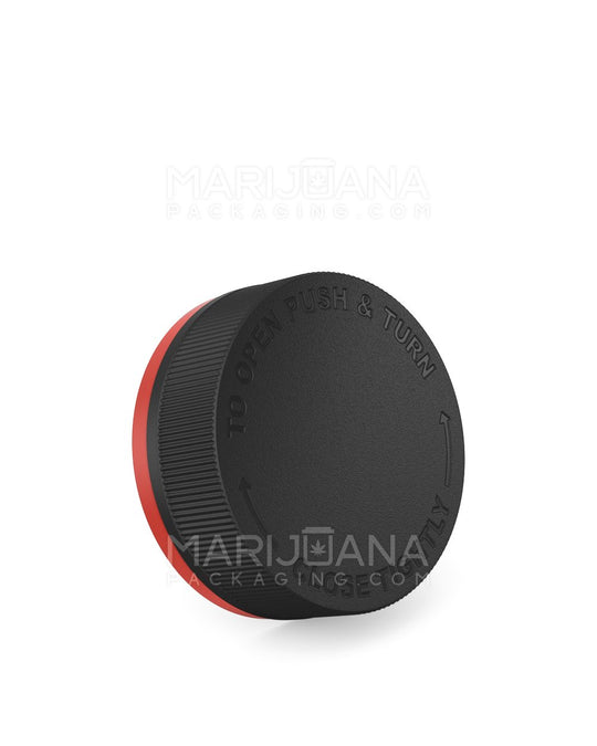 Child Resistant & Tamper Evident Ribbed Push & Turn Plastic Caps w/ Foam Liner | 53mm - Semi Gloss Black & Red | Sample - 1